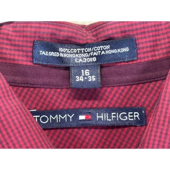 Tommy Hilfiger Tailored in Hong Kong Red Check Button Down Shirt Size 16 34/35 - Picture 7 of 12